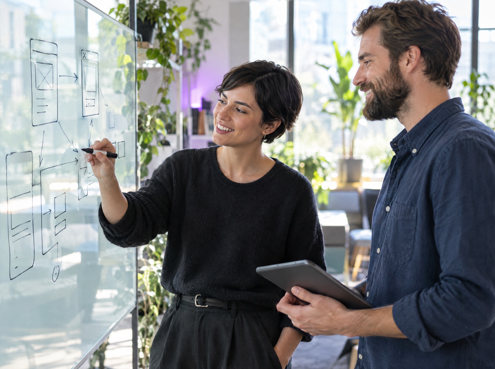 Two founders plan a new app at a glass whiteboard